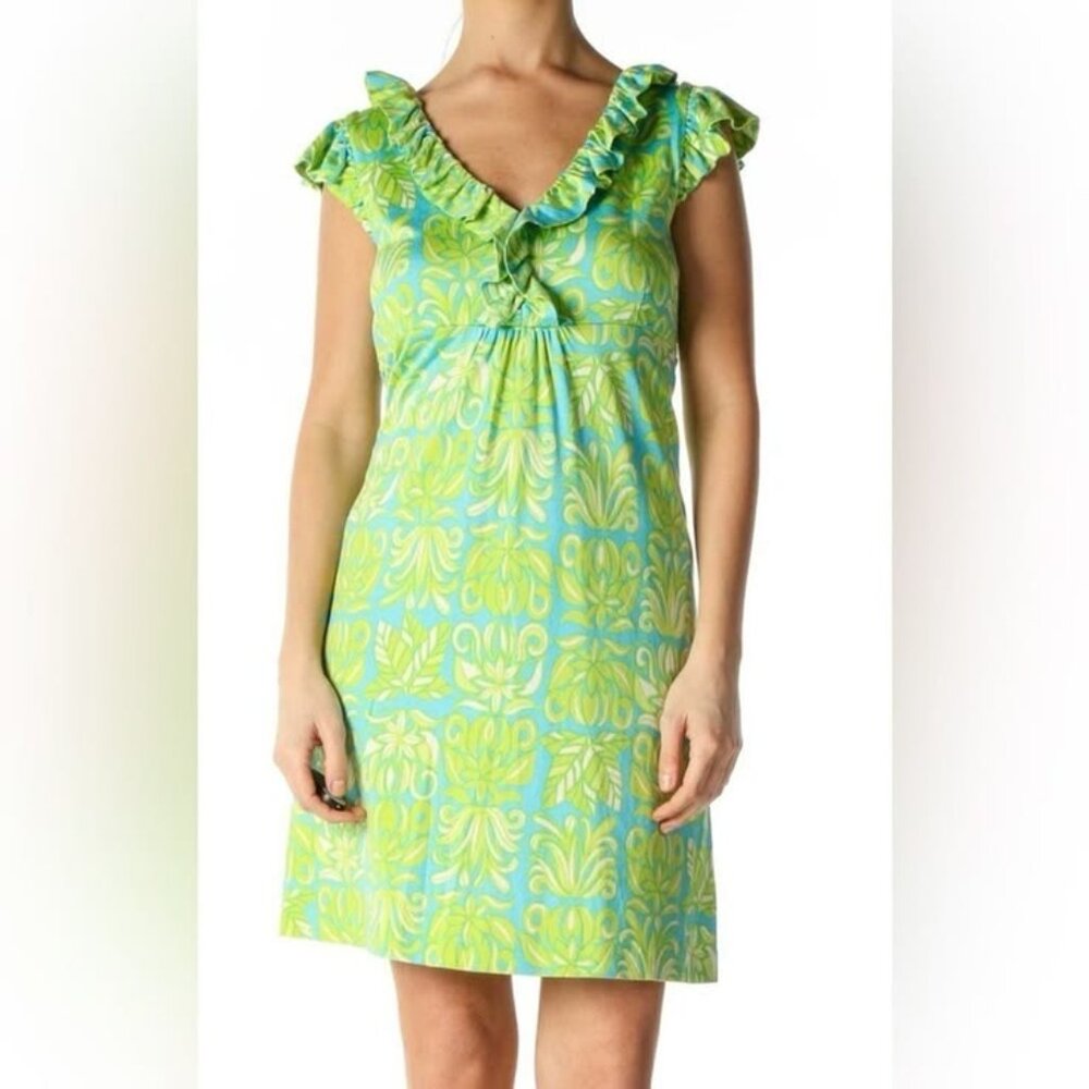 Lilly Pulitzer Women's Resort Dress in Vintage Tiki Print Silky Ruffle Large